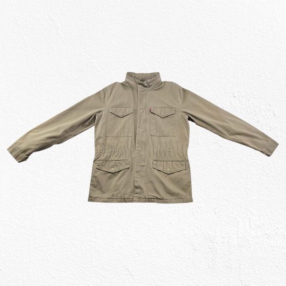 Levi’s Khaki Cotton Utility Field Jacket Hidden Hood Safari Style Size Medium - Picture 3 of 14